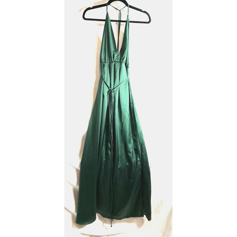 Dress to Success Halter Top Lounging Dress Maxi Women's M Green Satin Open Skirt